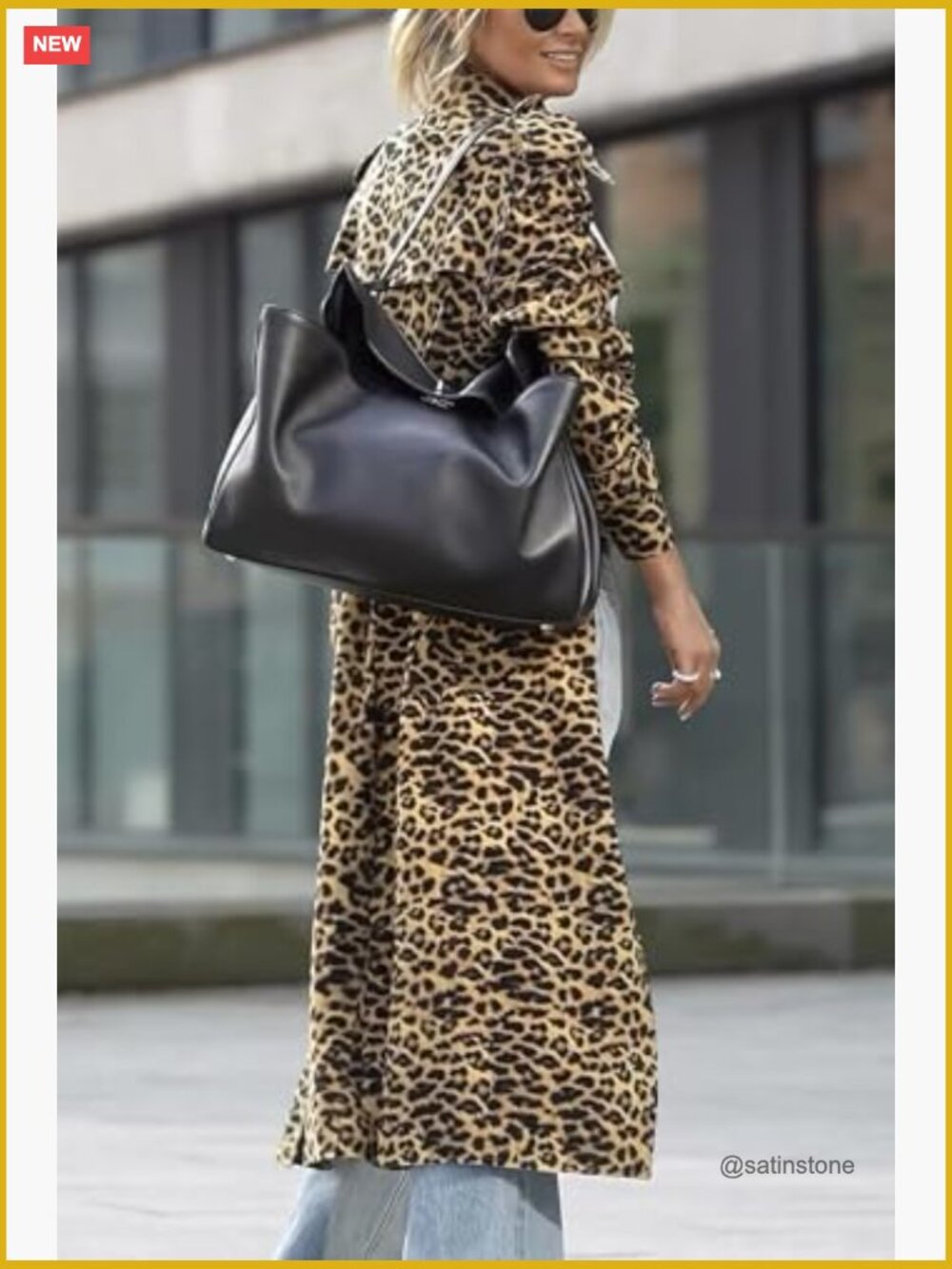 Faux Suede Notch Lapel Leopard Print Duster Trench Coat Loose Pea Coat - Picture 5 of 7